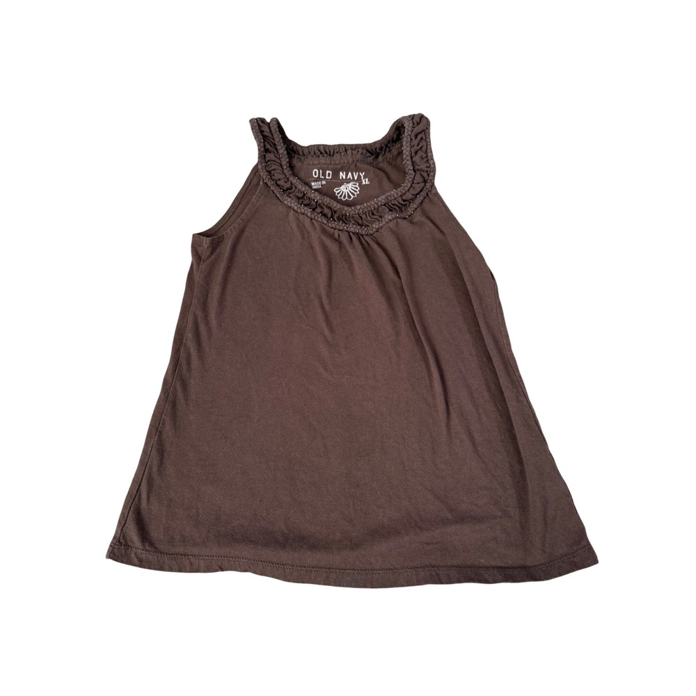 Old Navy Brown Beaded Tank Top Ruffle Neck Shirt Y2K Granola Festival Minimalist